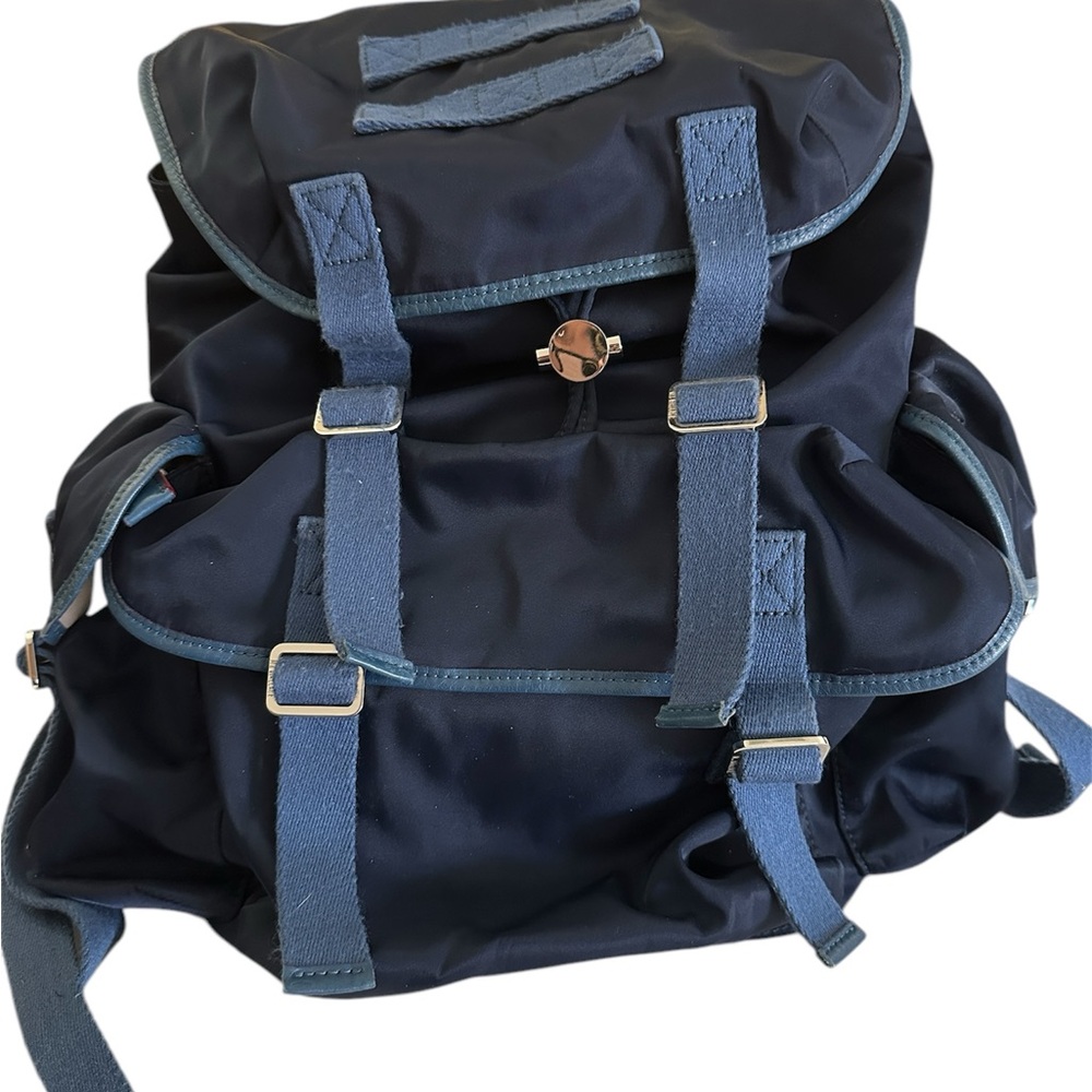 MZ Wallace LARGE Nylon Backpack Leather Trim Blue Many Pockets Travel School